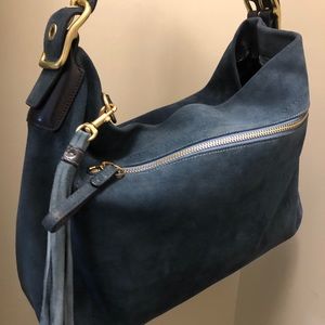 Dark teal and navy blue suede Coach bag